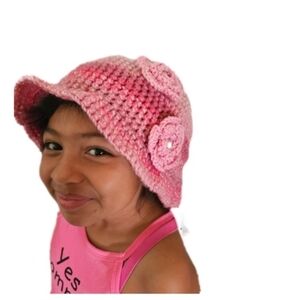 Handcrafted Pink Crochet hat with floral handmade decoration Upcycle Barbiecore
